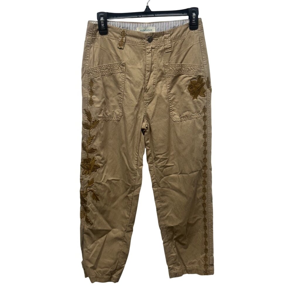 Sundance Khaki Embroidered Cropped Pants P4 Cotton Casual Style